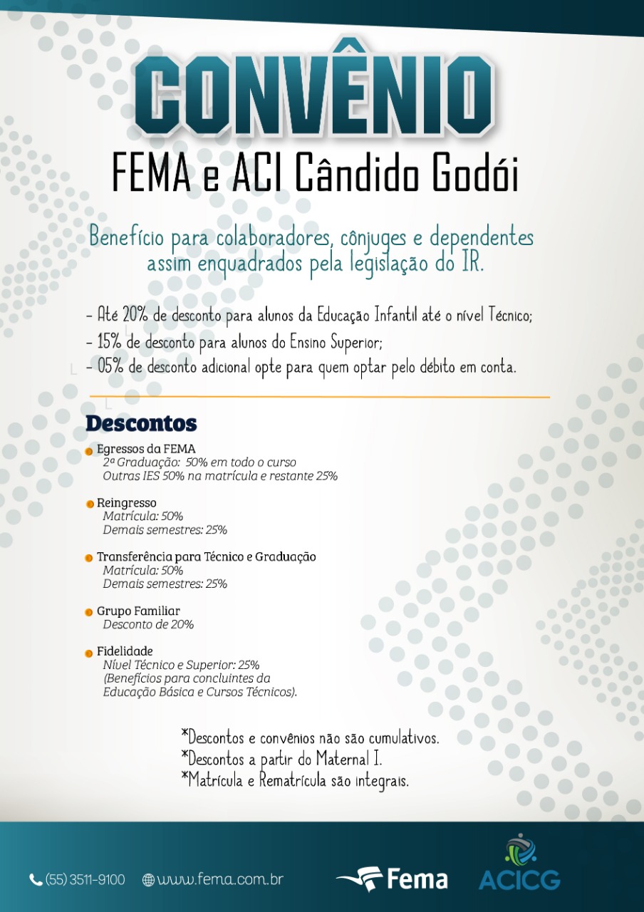 😄 Ser associado é contar também com o apoio para sua formação e a de seus COLABORADORES, o que inclui descontos em mensalidades. Conte com isso e deixe o seu conhecimento entrar em campo. 🤝 A ACI em PARCERIA com a FEMA de Santa Rosa, proporciona descontos na mensalidade (de até 20%) para os alunos matriculados na educação infantil, ensino fundamental, ensino médio, cursos técnicos, graduação e pós graduação, que sejam associados incluindo também os seus dependentes, cônjuge e filhos. 👍Para mais informações, entre em contato com a ACI pelo fone 55 99663-7064 e aproveite os benefícios!